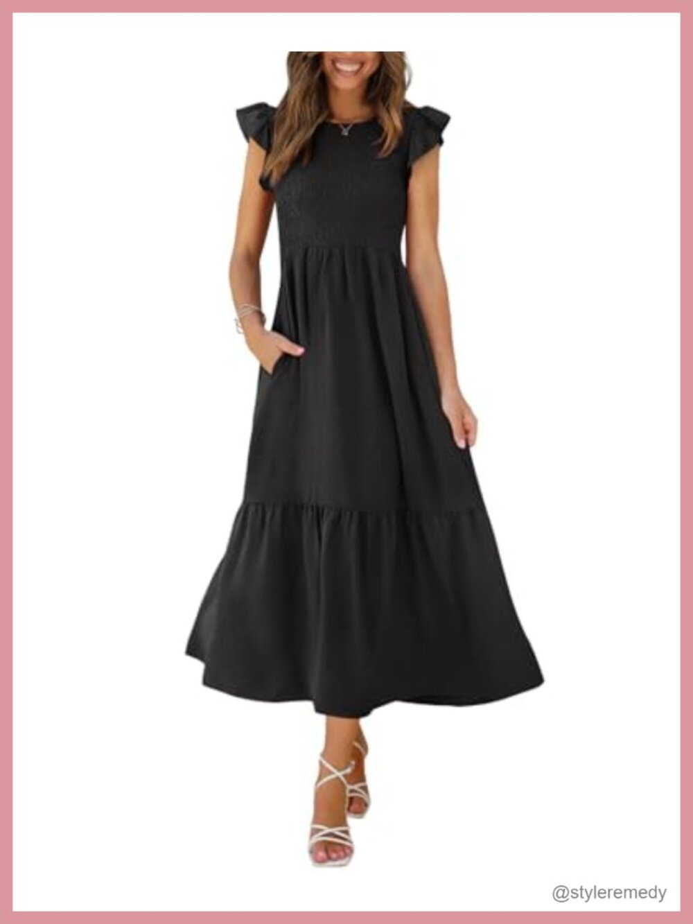 Women's Maxi Dress with Pockets Smocked Ruffle Sleeve Tiered A-Line Crew Neck